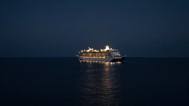 A lit cruise ship sails across calm dark ocean under a deep night sky, with glowing lights reflected on the water