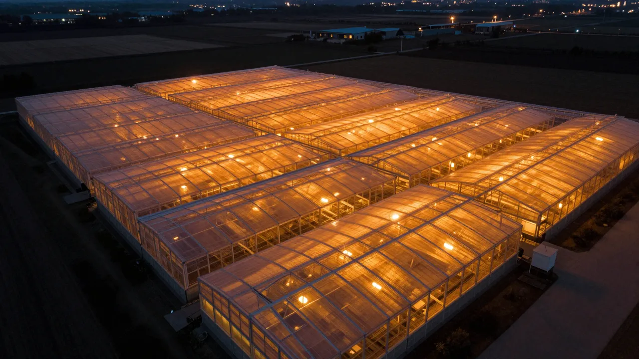 Aerial view of large glowing orange greenhouse roofs spread across a flat rural landscape after dark