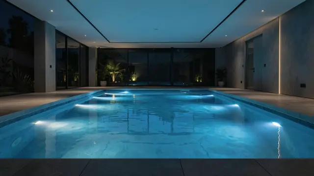 Empty modern indoor swimming pool with glowing underwater lights at night