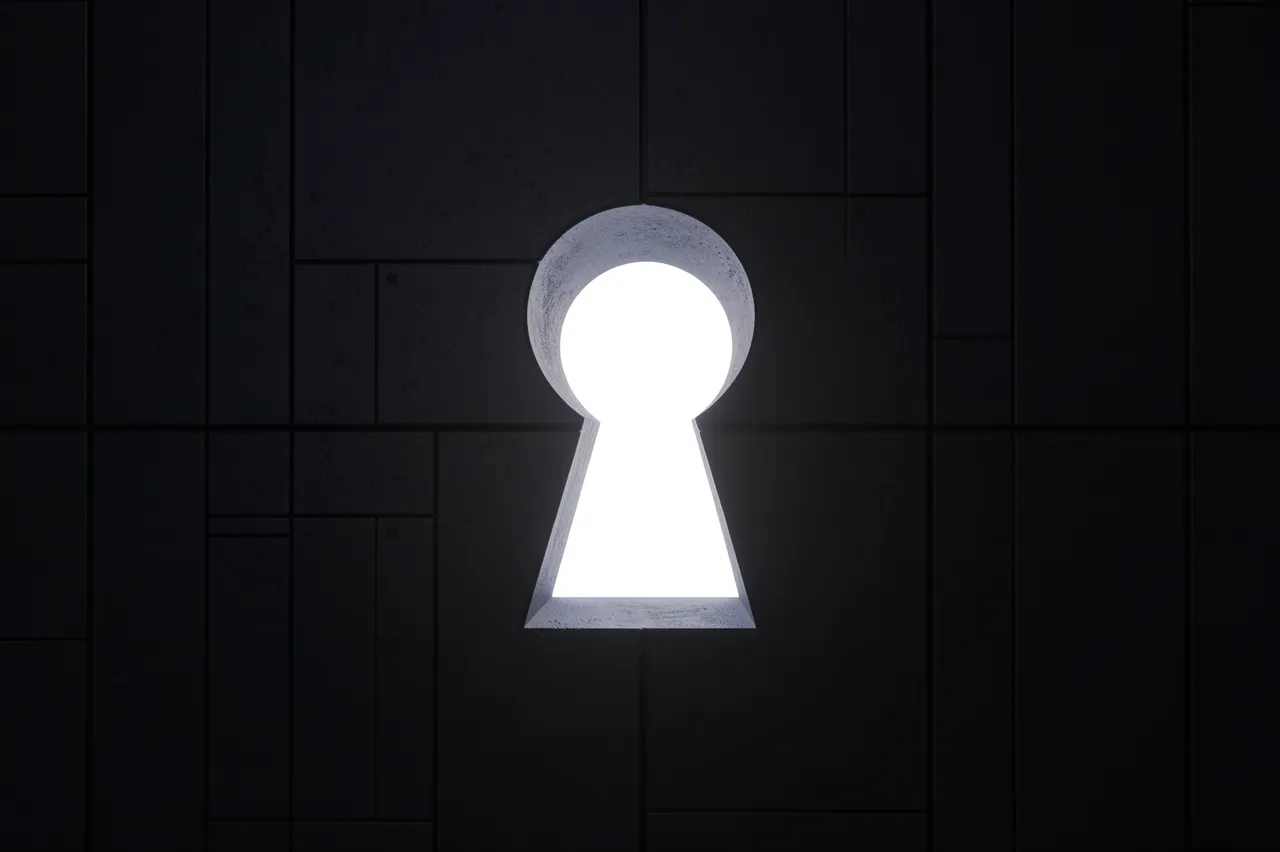 A bright glowing keyhole cutout sits centered in a dark tiled paneled wall