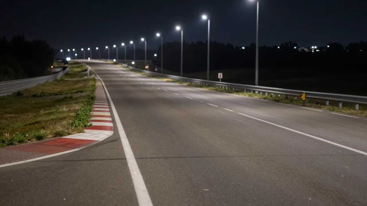 An empty paved highway stretches into the dark distance under evenly spaced streetlights at night