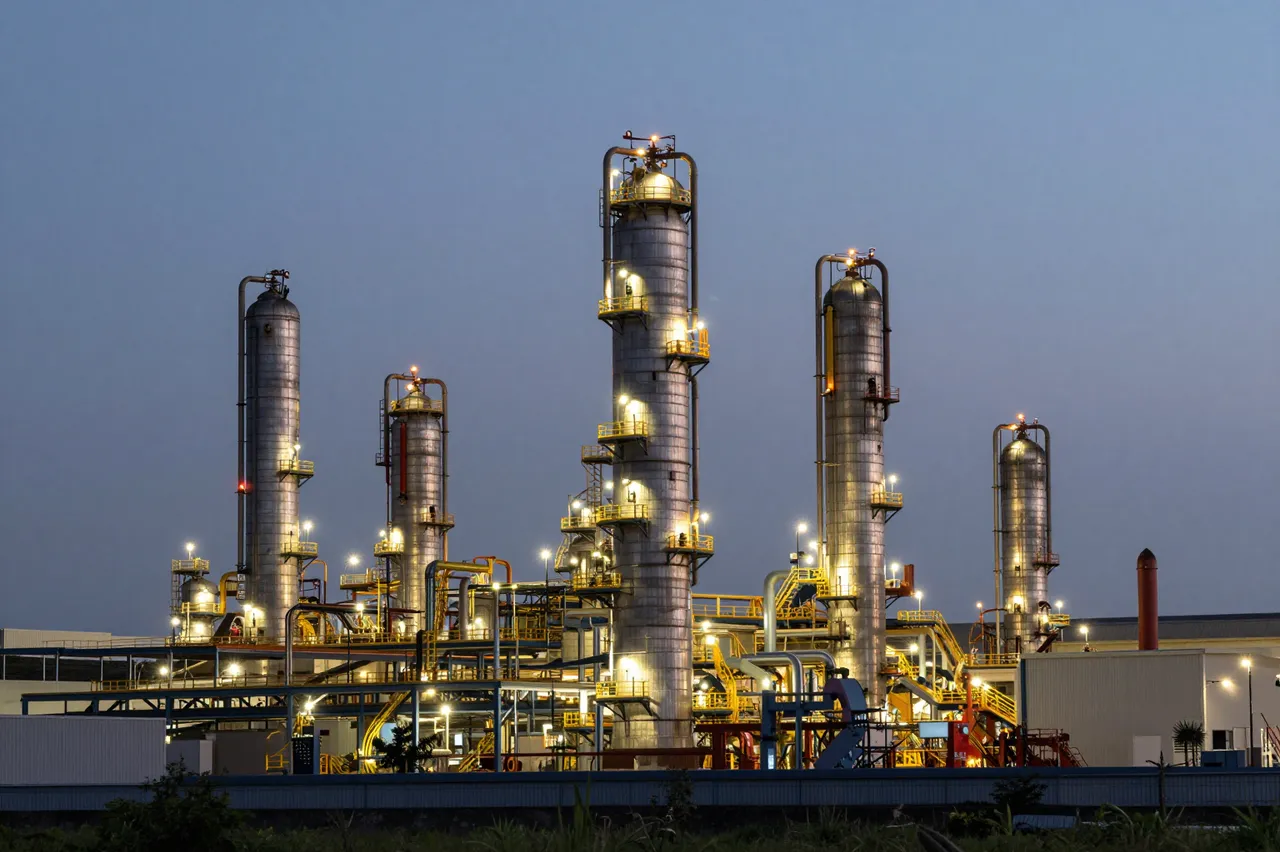 Lit oil refinery distillation towers stand against a pale blue evening sky, viewed from a distance
