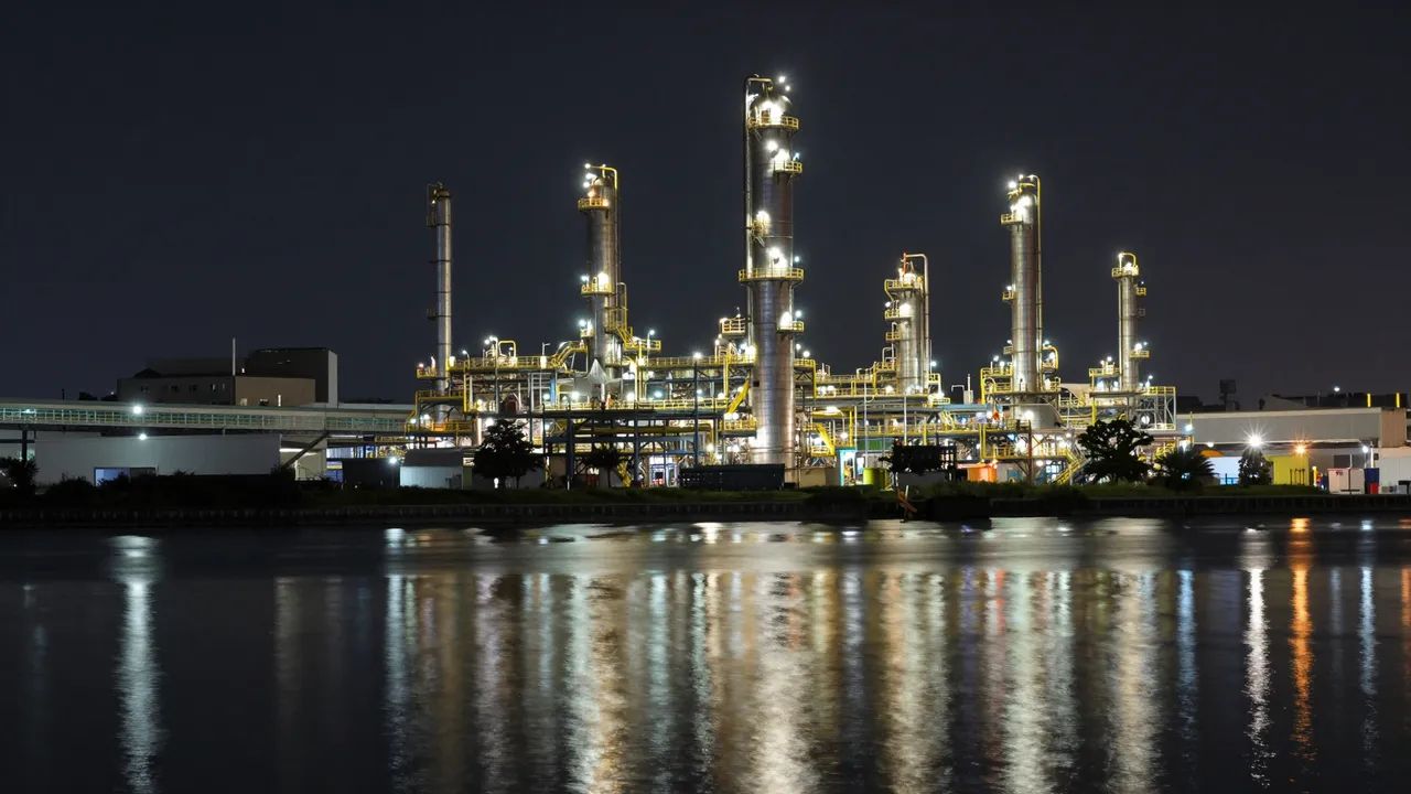 Lights from a petrochemical refinery reflect on still canal water under a dark night sky