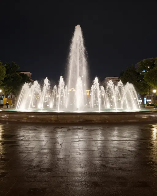 A lit multi-jet fountain sits on wet reflective paving in an empty night city plaza