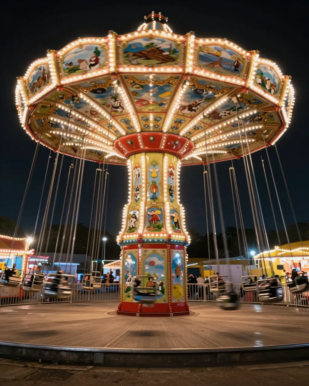 Lit carnival swing ride spinning with motion blur at a night time fairground