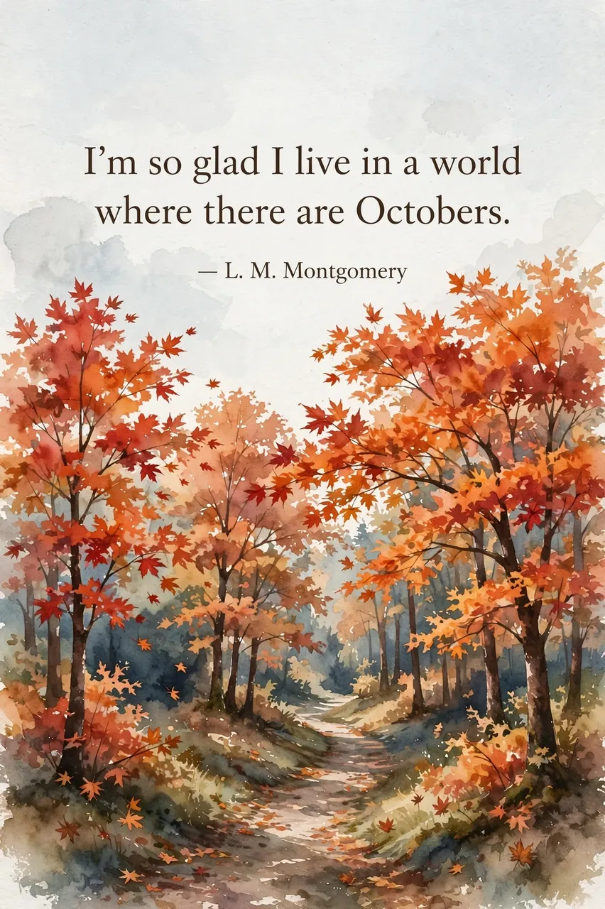 Watercolor autumn forest path scene with the quote "I'm so glad I live in a world where there are Octobers. — L. M.