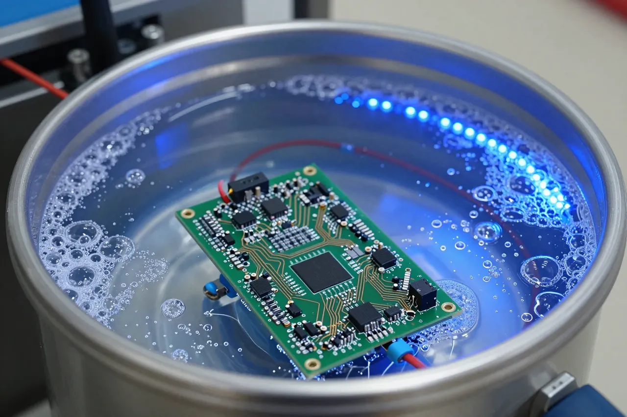A green printed circuit board sits submerged in bubbling clear liquid inside a metal cooling tank lit with blue light.