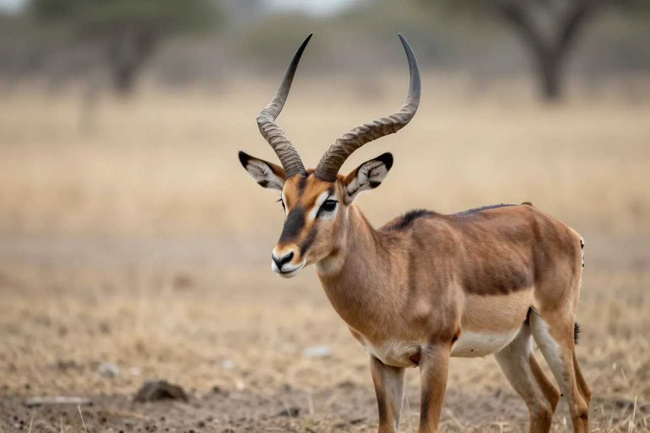 An antelope with distinctive lyre-shaped horns stands on dry savanna grassland.