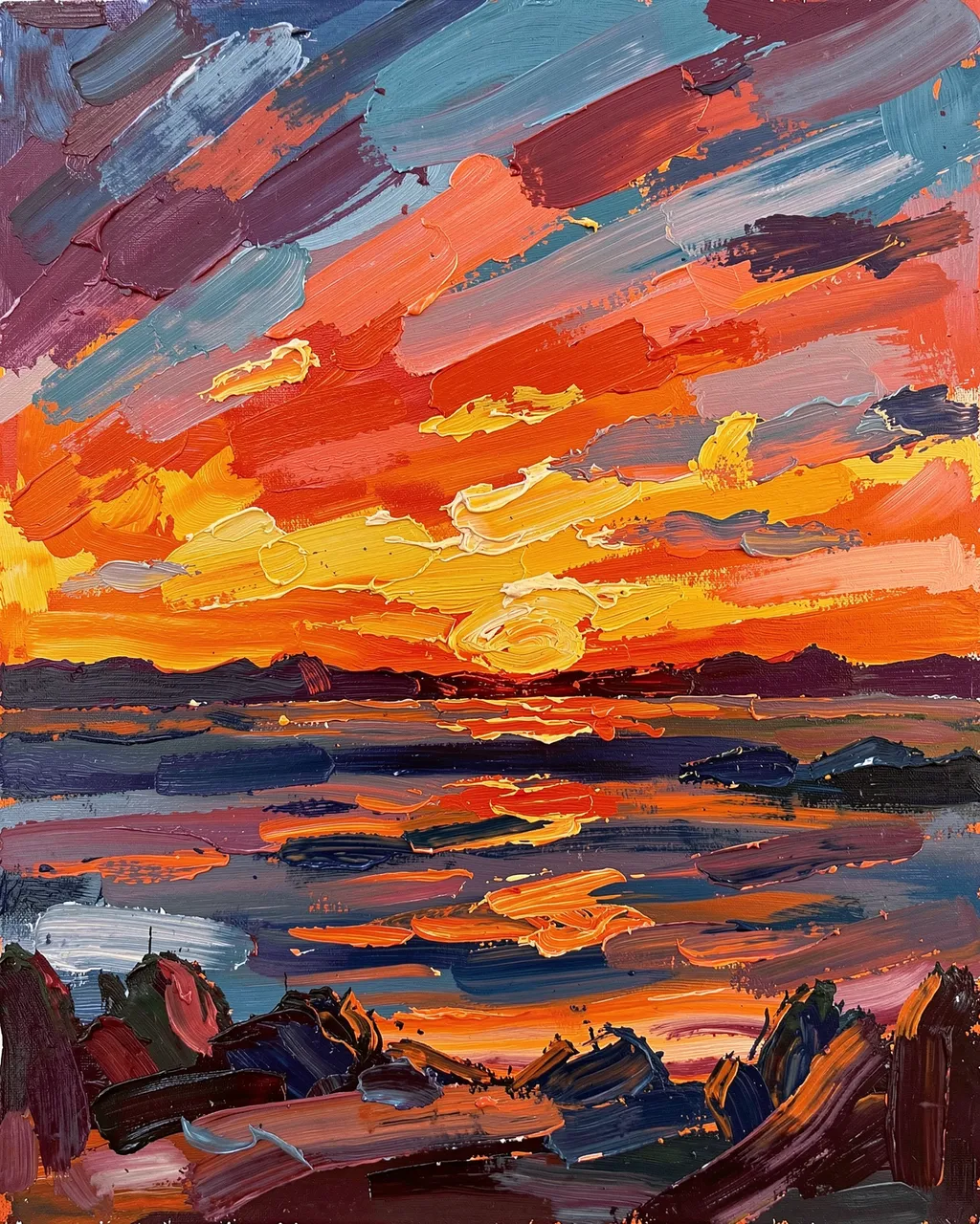 Thick textured oil painting of a vibrant sunset reflecting across calm coastal water with distant land silhouettes