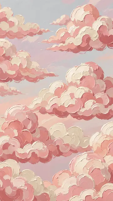 Thick impasto painted cumulus clouds in rose and cream fill a soft pastel vertical sky