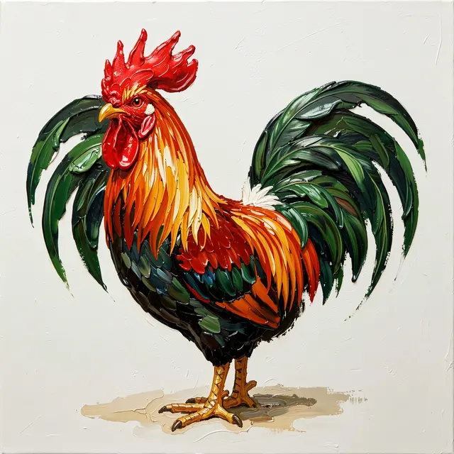 Thick sculpted impasto oil painting of a rooster with red comb and green tail feathers against a pale off-white background
