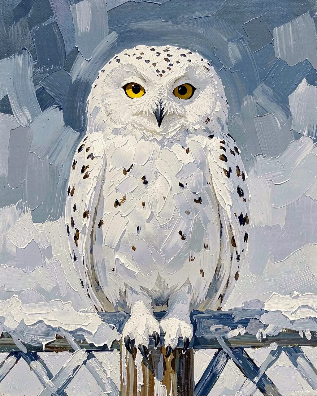 Thick impasto oil painting of a snowy owl with bright yellow eyes perched on a frosted fence post
