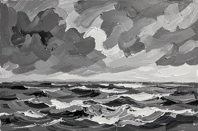 Thick impasto oil painting of a stormy grayscale sea under a turbulent cloudy sky