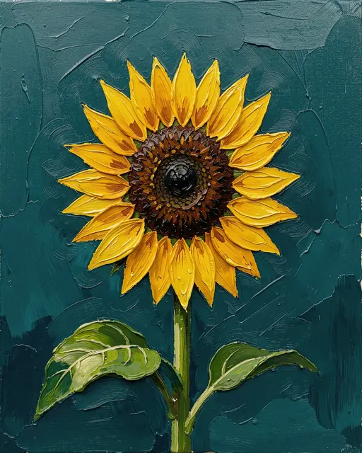 Thick palette knife oil painting of a single sunflower against a deep teal background