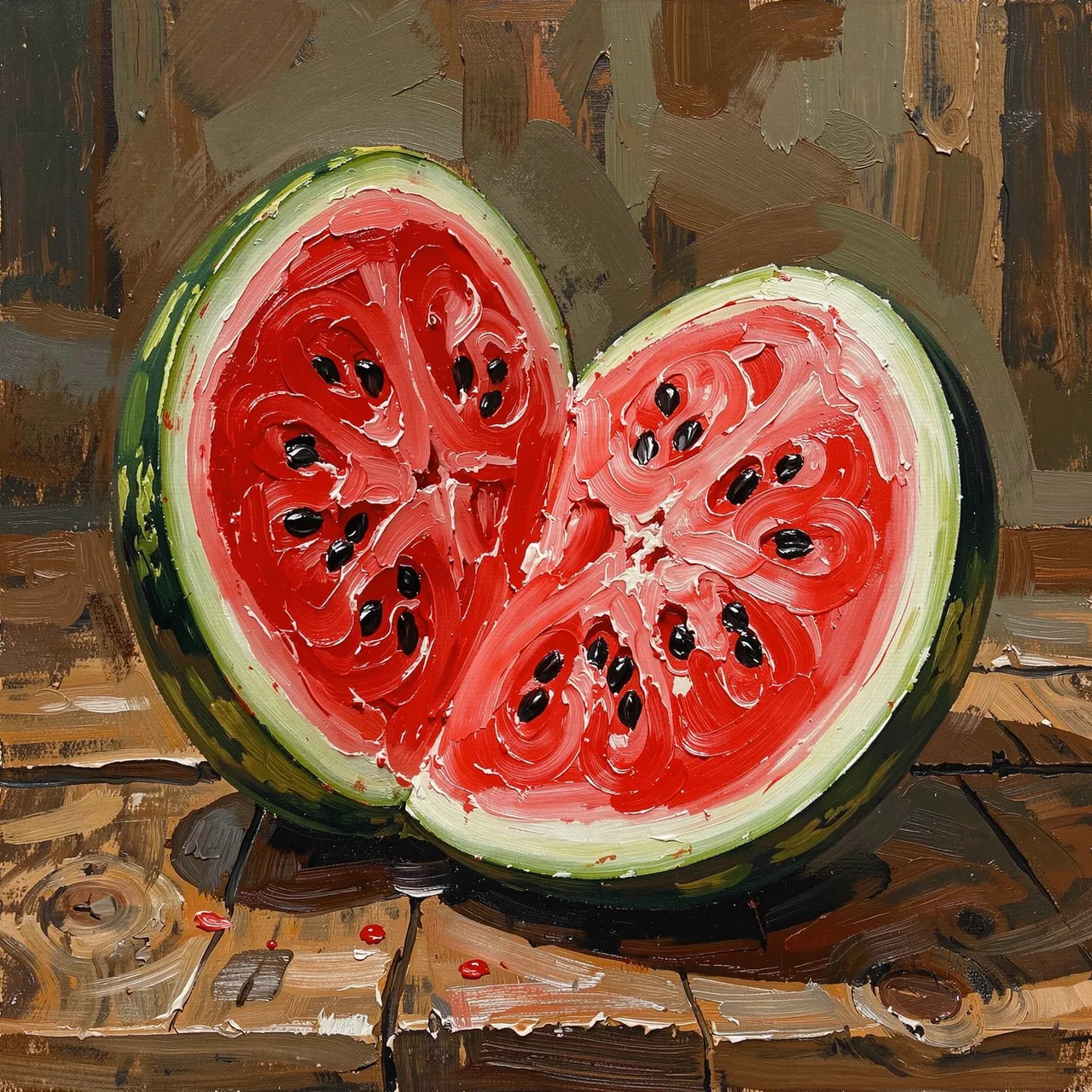 Thick impasto oil painting of a split ripe watermelon resting on a rustic wooden table