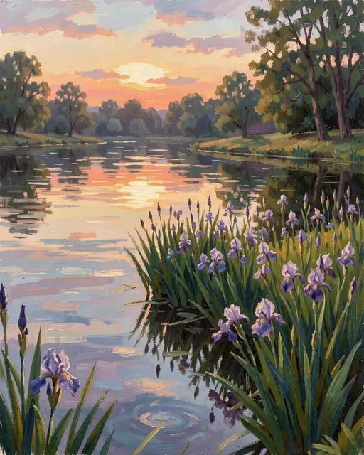Impressionist oil painting of a calm pond lined with purple irises glowing under soft sunset dusk light