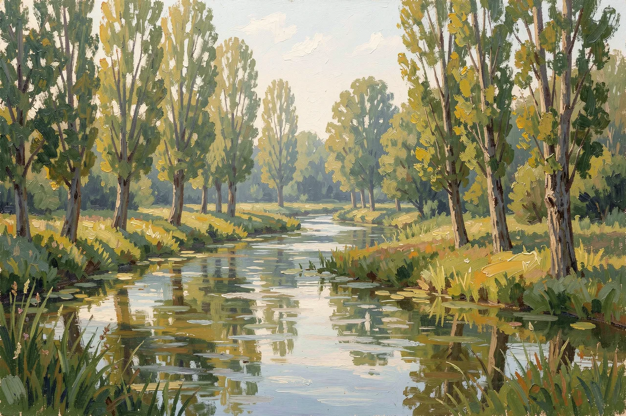 Impressionist oil painting of a quiet summer river bend lined with poplar trees in soft morning light