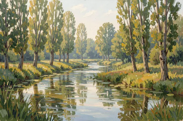 Impressionist oil painting of a quiet summer river bend lined with poplar trees in soft morning light