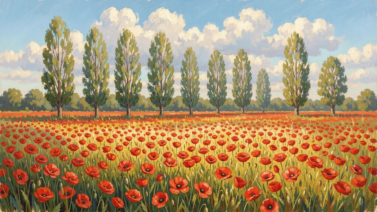 Impressionist painting of a red poppy field with poplar trees under a cloudy summer blue sky