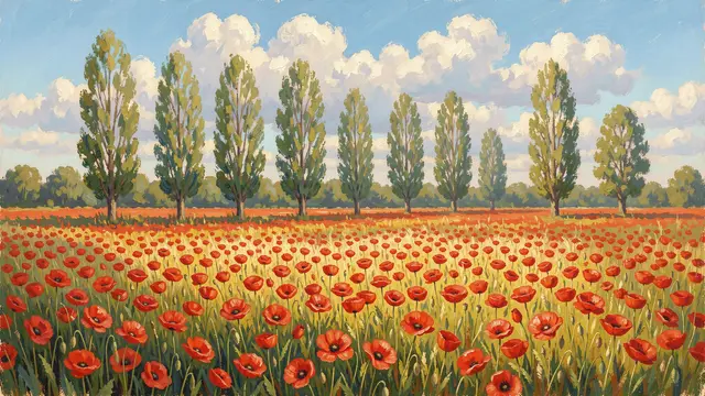 Impressionist painting of a red poppy field with poplar trees under a cloudy summer blue sky