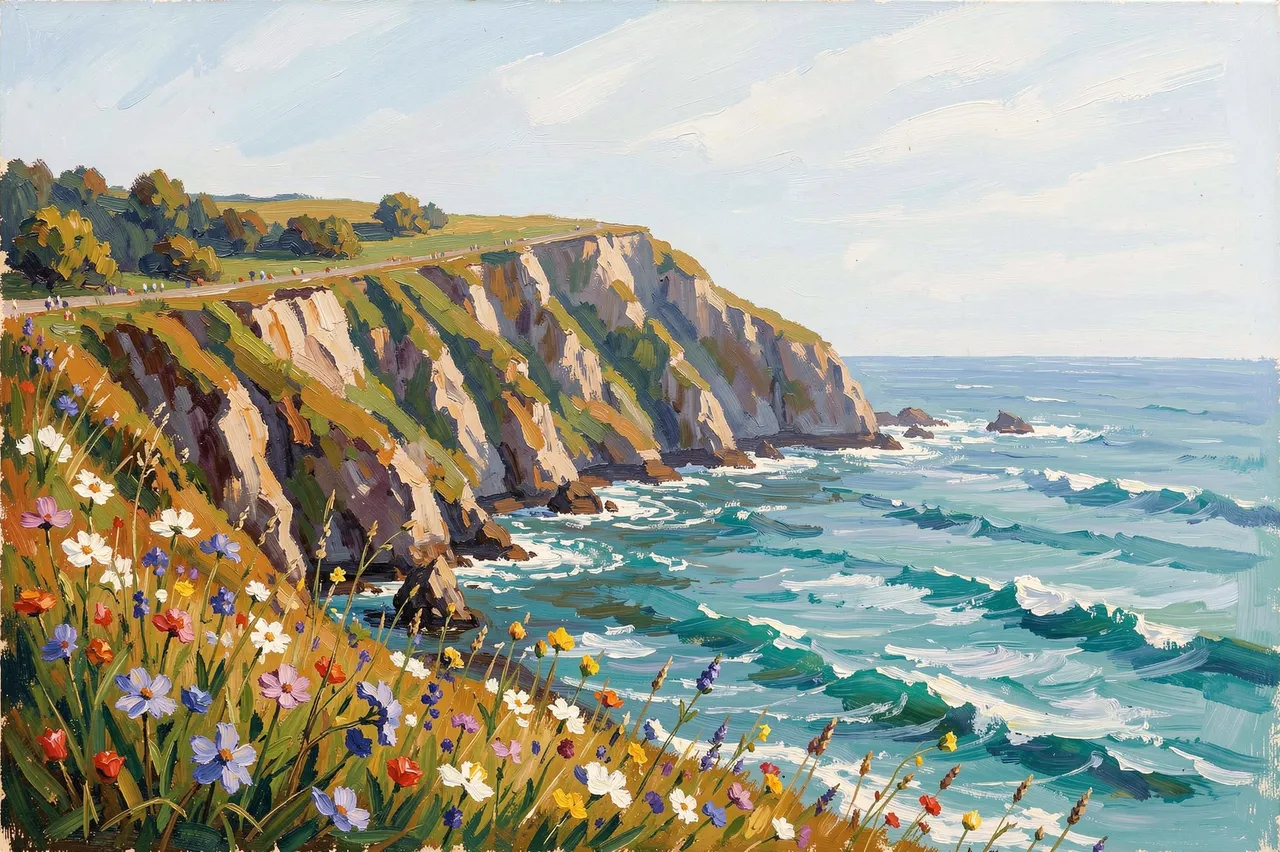 Impressionist oil painting of coastal cliffs covered in wildflowers overlooking turquoise ocean waves under soft sky