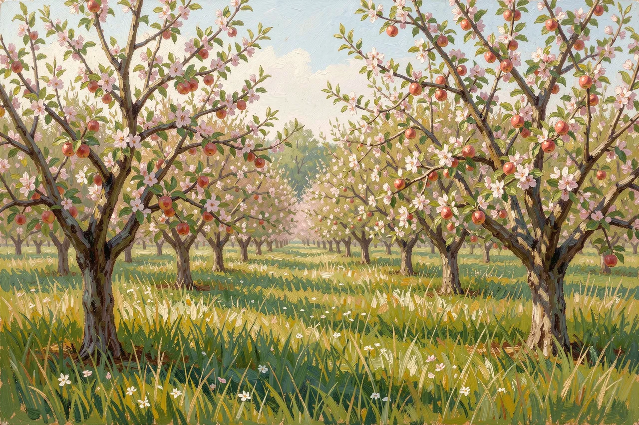 Impressionist oil painting of a blossoming apple orchard with long sunlit grass and soft pale sky