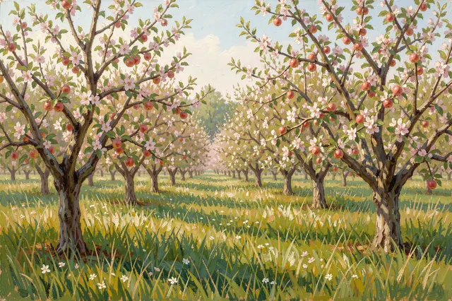 Impressionist oil painting of a blossoming apple orchard with long sunlit grass and soft pale sky