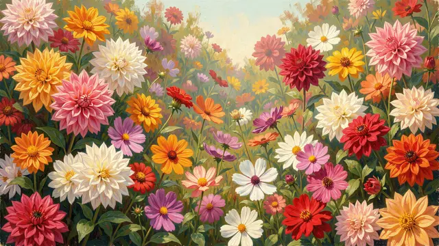 An impressionist oil painting of a dense overflowing garden border filled with dahlias, cosmos and zinnias in bright varied