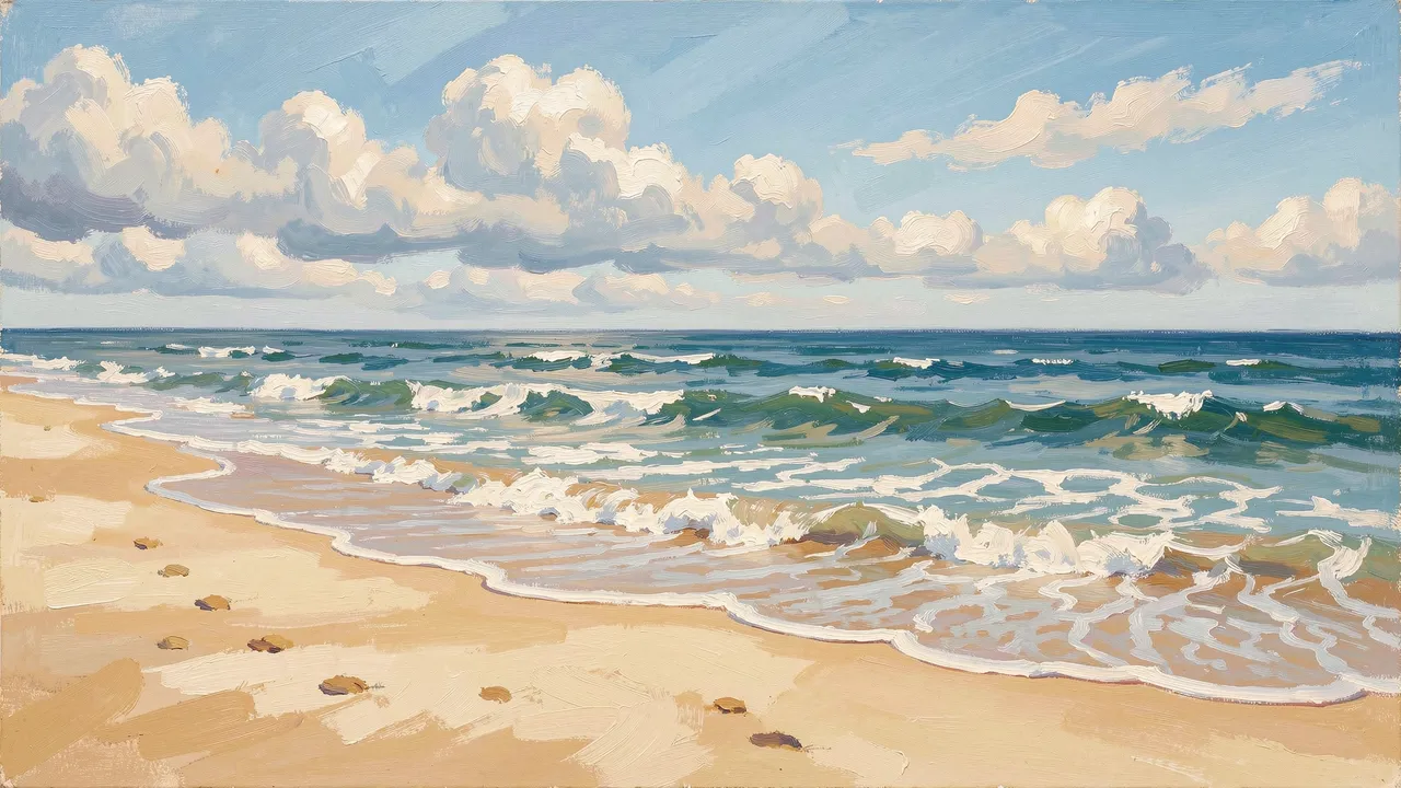 Impressionist oil painting of a sandy beach with gentle surf and puffy clouds under bright soft daylight.
