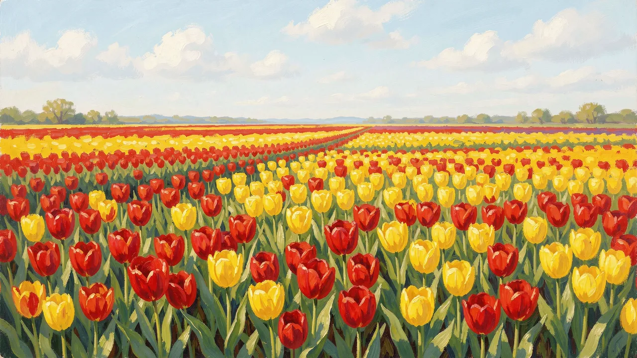Impressionist oil painting of red and yellow tulip rows stretching under a soft spring sky
