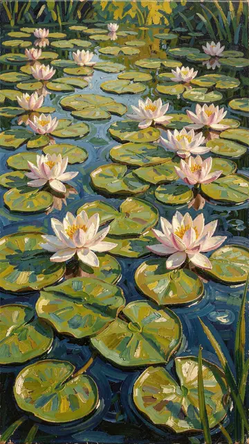 Textured impressionist painting of pink and white water lilies floating with green lily pads on a blue pond surface