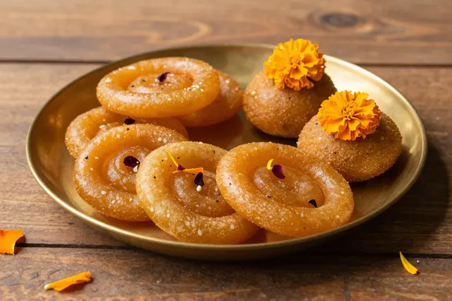 Brass plate of festive Indian sweets garnished with marigold petals rests on a carved wooden table.