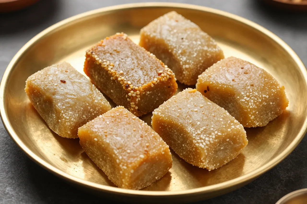 Six sesame-dusted Indian sweets arranged neatly on a polished golden brass plate.