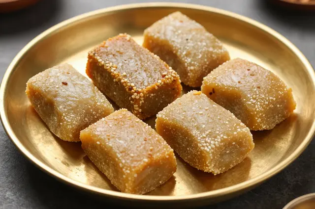 Six sesame-dusted Indian sweets arranged neatly on a polished golden brass plate.