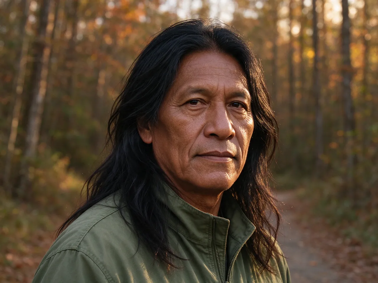 Portrait of a middle-aged Indigenous man with long layered hair standing on an autumn forest path in golden light