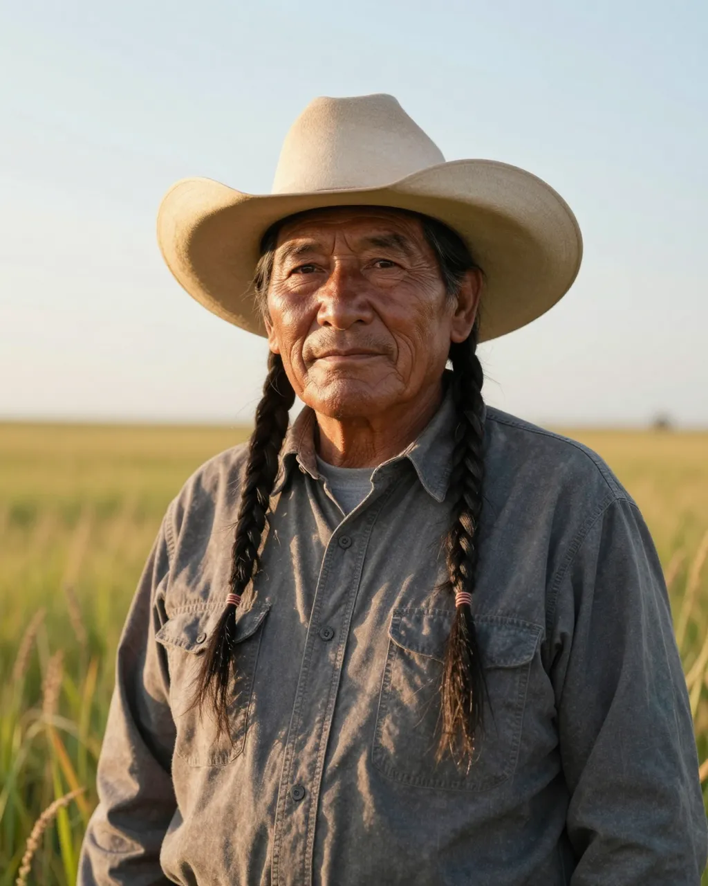Portrait of an older Indigenous man in a wide brimmed hat standing in tall prairie grass in warm evening light