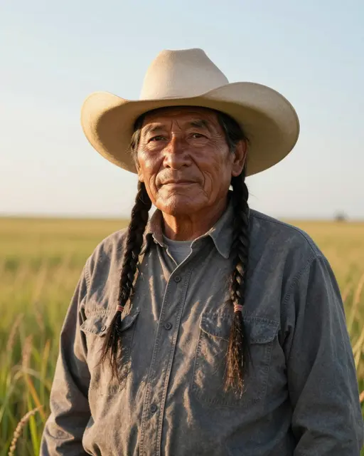 Portrait of an older Indigenous man in a wide brimmed hat standing in tall prairie grass in warm evening light