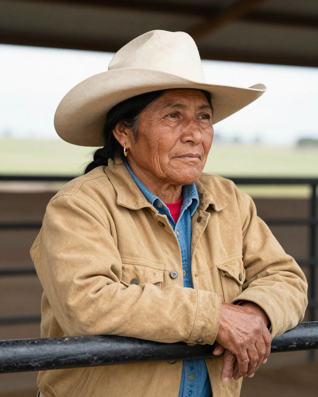 An older Indigenous rancher leans on a corral rail wearing a wide-brimmed cowboy hat and tan canvas jacket