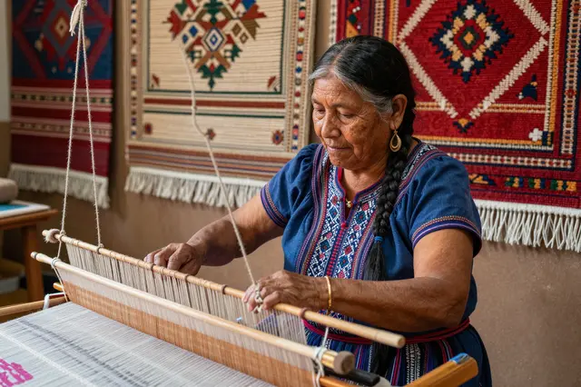 Senior Indigenous woman works at a wooden loom with finished woven rugs hanging on the wall behind her.