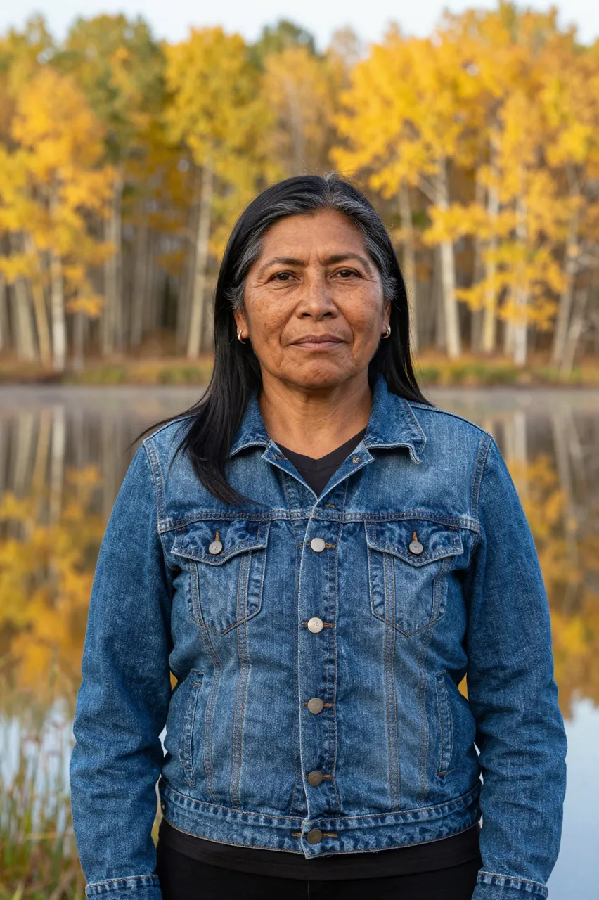 Middle aged Indigenous woman in a denim jacket stands beside a calm lake lined with golden autumn aspen trees on a crisp