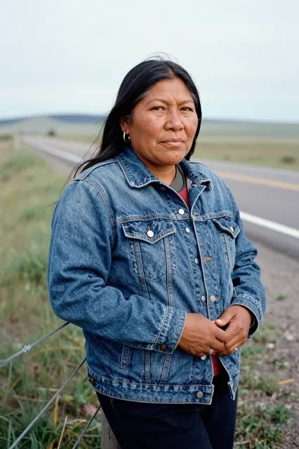 An Indigenous woman in a denim jacket leans on a fence beside a rural prairie road under overcast skies