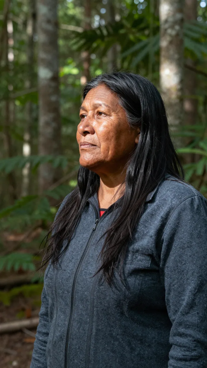 Middle aged Indigenous woman standing in a sun dappled forest, looking off into the distance