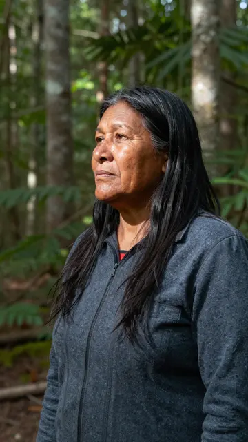 Middle aged Indigenous woman standing in a sun dappled forest, looking off into the distance