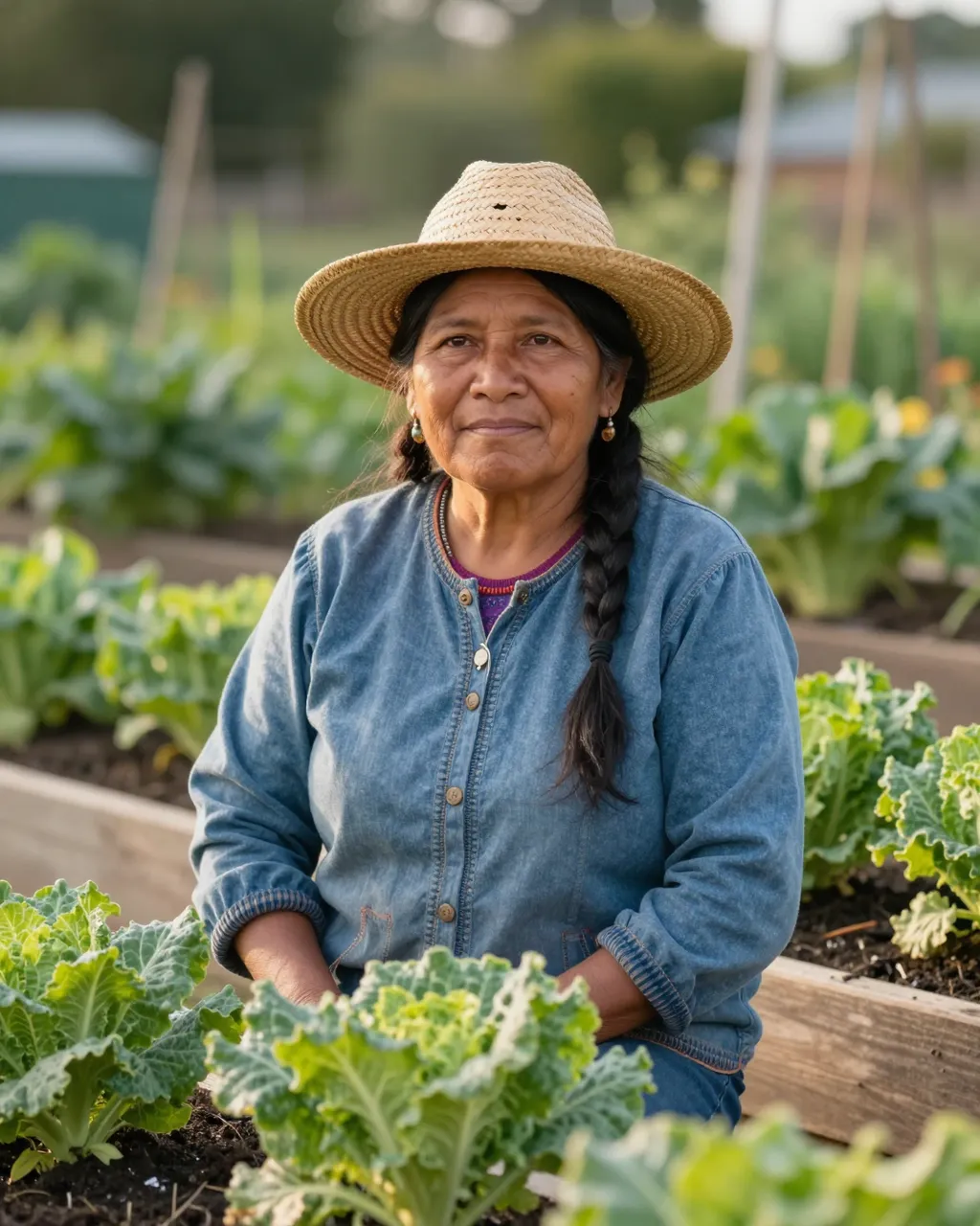 Middle aged Indigenous woman wearing a straw hat sits among raised garden beds at golden hour