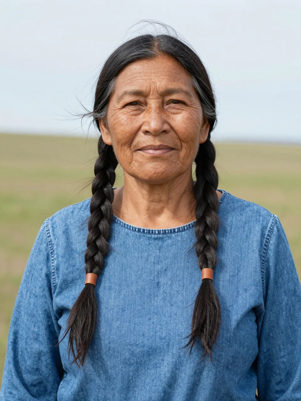 Older Indigenous woman with braids stands in a sunlit grassy prairie