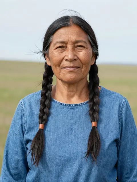 Older Indigenous woman with braids stands in a sunlit grassy prairie