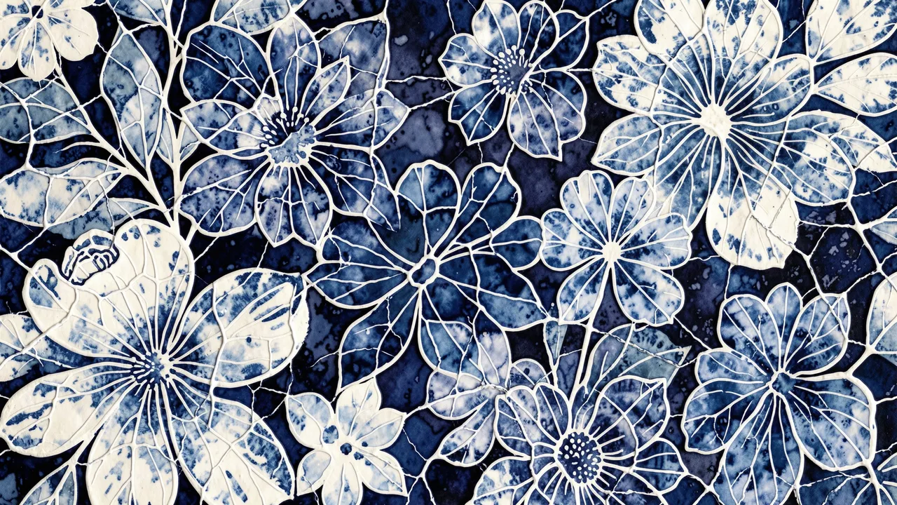 Hand-painted batik floral pattern with crackled indigo and white wax-resist veining