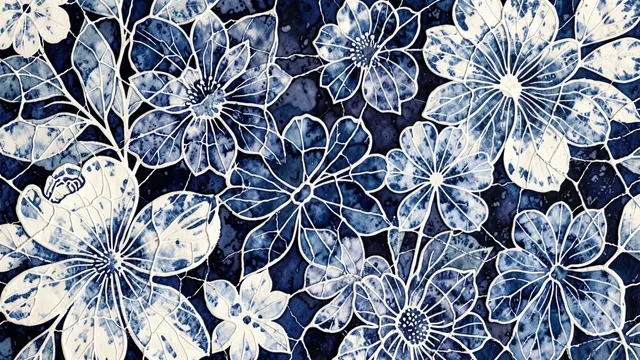 Hand-painted batik floral pattern with crackled indigo and white wax-resist veining