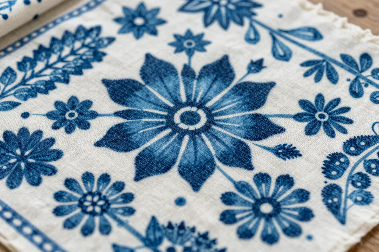 Close-up of hand printed indigo floral pattern on textured off-white cotton laid on wood