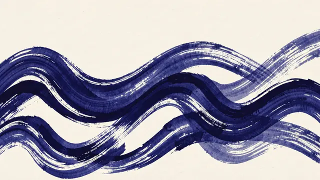 Bold layered indigo ink brushstroke waves sweep across a warm off-white paper background